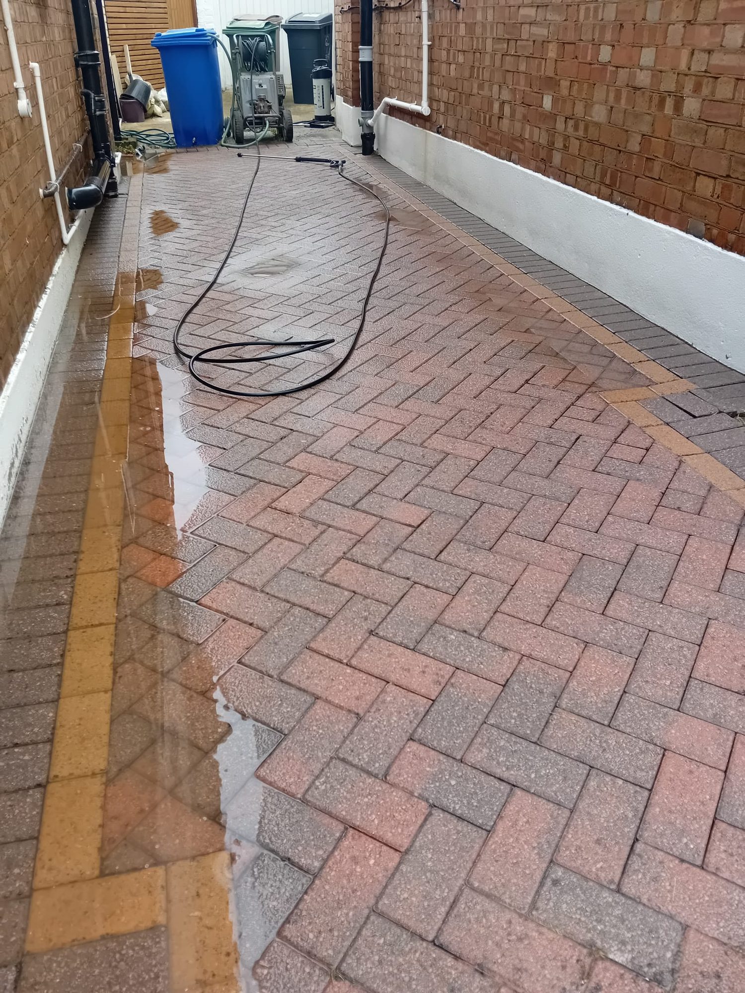Brick-paved side path rinsed clean after pressure washing, with the cleaned section clearly brighter